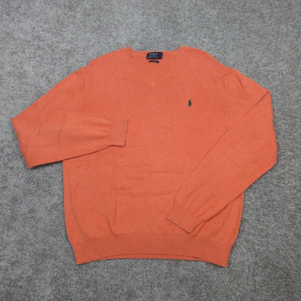 Polo Ralph Lauren Sweater Mens Large Orange Solid Green Pony Pima Knit Pullover